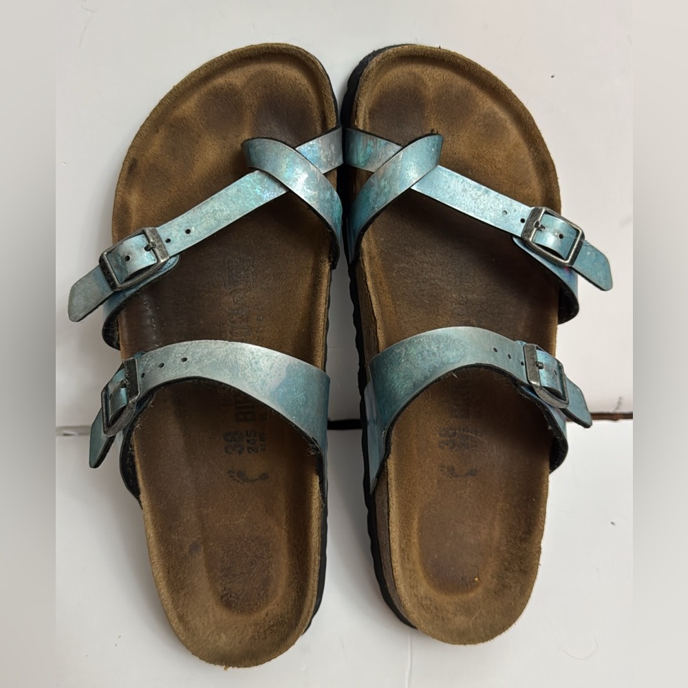 Sz 7 WOMENS BIRKENSTOCK MAYARI TWO ADJUSTABLE STRAPS BLUEISH METALLIC SANDALS
